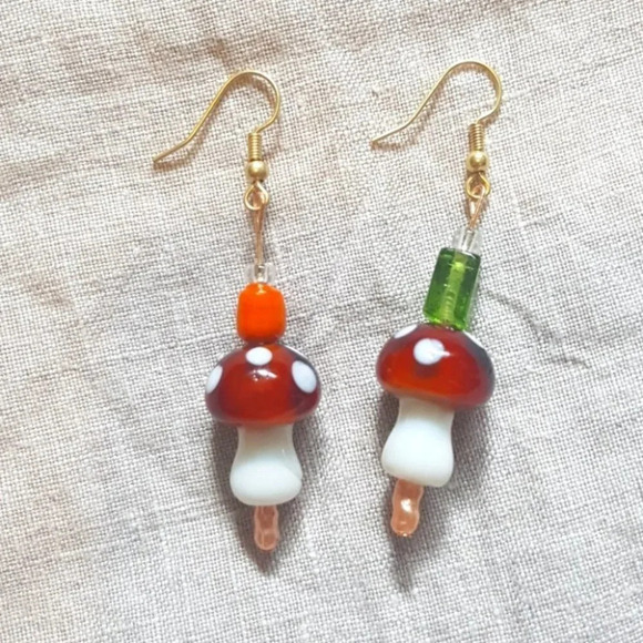 Glass mushroom and Mini Faux Pearl beaded mixed  dangleearrings - Picture 1 of 3